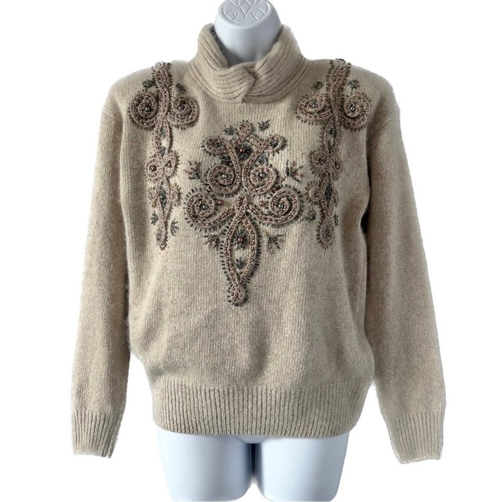 IB DIFFUSION Vintage Silk Angora Lambswool Mock Turtleneck Beaded Sweater Sz XS